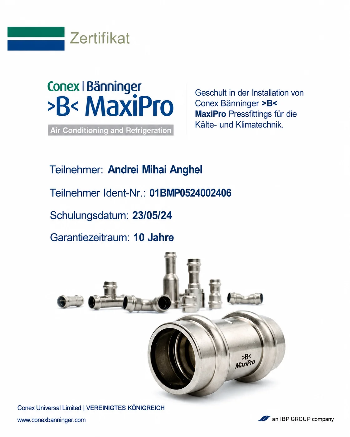 Conex Bänninger MaxiPro Zertifikat – Schulung Pressfitting-Installation
