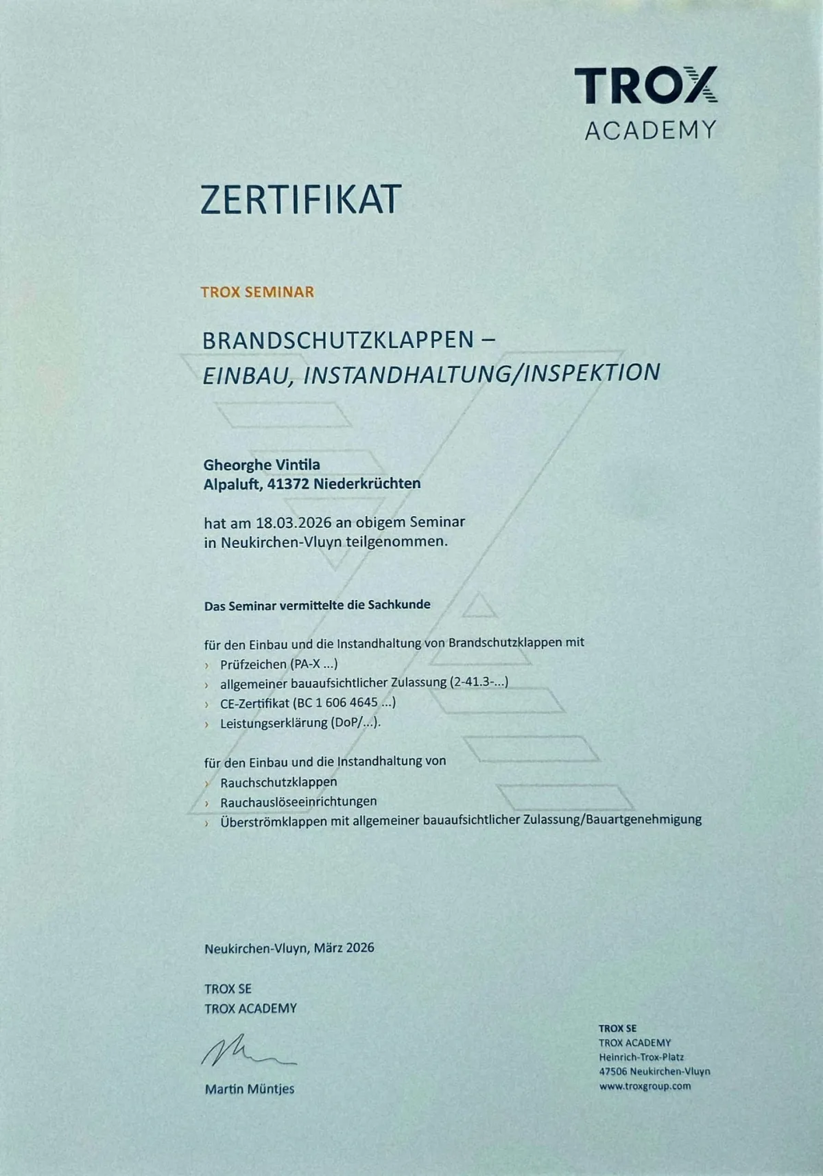 TROX Academy Zertifikat Brandschutzklappen – Gheorghe Vintila