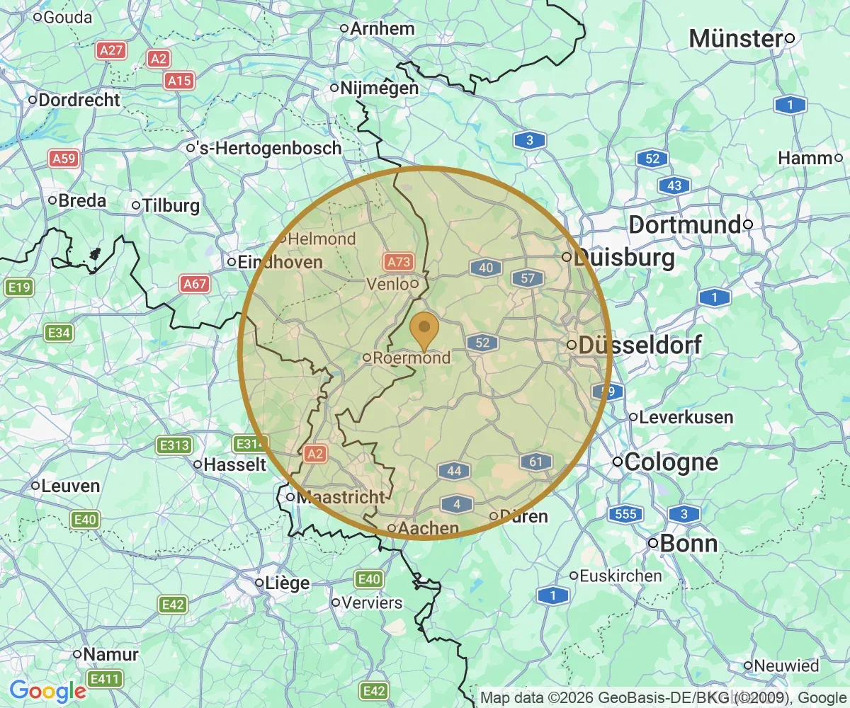 Karte mit unserem Einsatzgebiet rund 50 km um Niederkrüchten